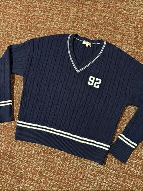 Stella Tweed sweater navy blue v neck preppy cable knit varsity sweater Medium